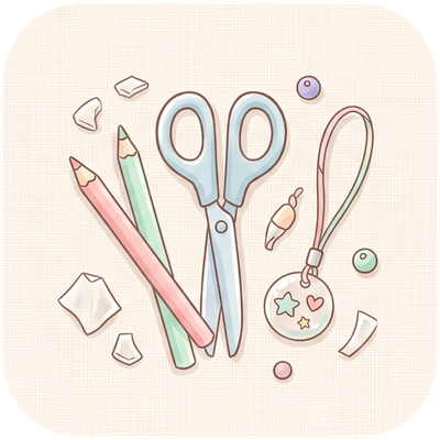 はさみ・色鉛筆・ビーズ・チャームがならんだ手芸道具のイラスト